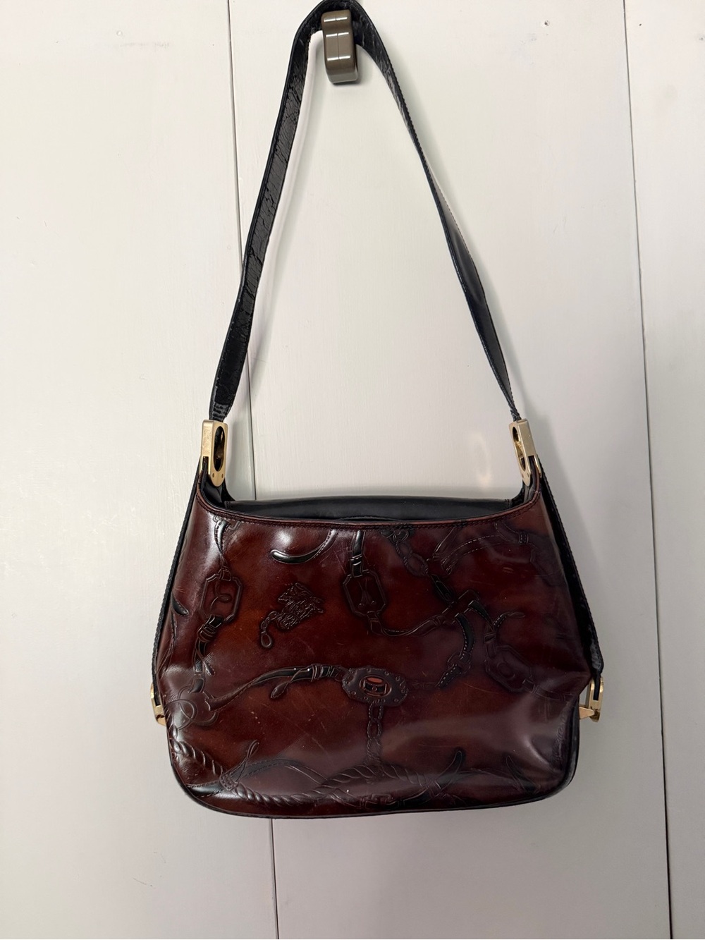 Vintage Equestrian Embossed Leather Shoulder Bag - Picture 1 of 4